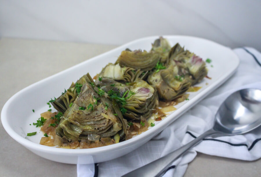 Julia Child Artichokes Braised with Wine, Garlic, and Herbs