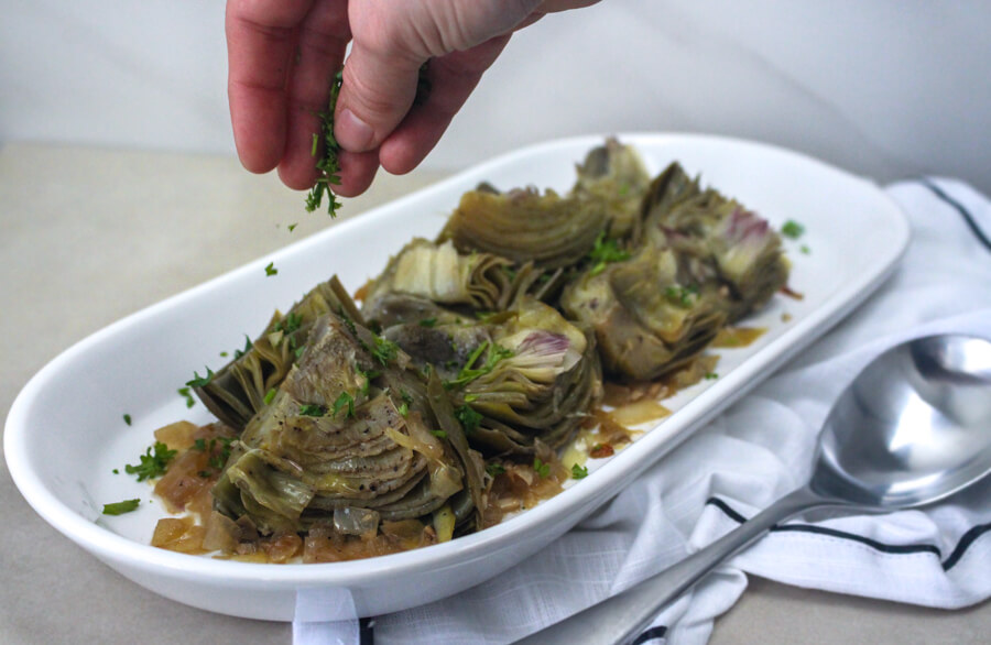 Julia Child's Artichokes Braised with Wine, Garlic, and Herbs