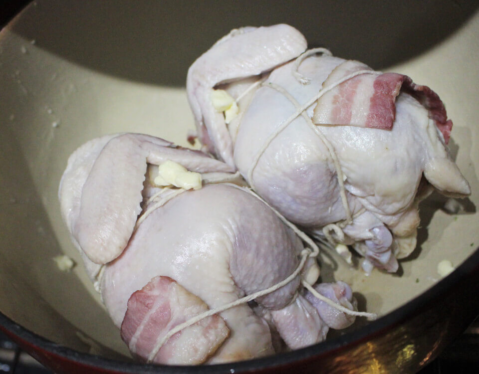 Roast Squab Chickens with Chicken Liver Canapes and Mushrooms