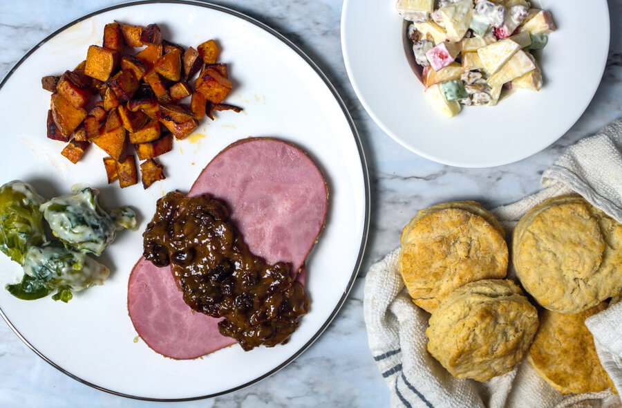 1940s Dinner with Baked Ham, Waldorf Salad, and Honey Cake