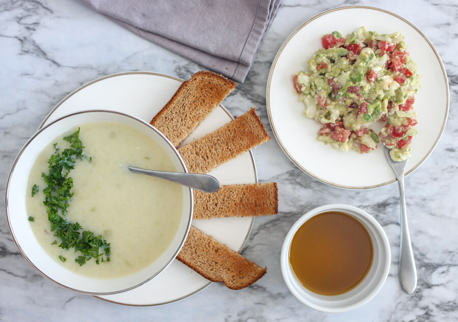1940s Lunch with Potato Soup and Avocado Salad