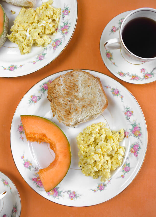 1940s Breakfast with Scrambled Eggs, Toast, and Coffee