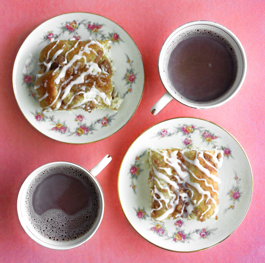 1940s Dessert with Cake and Hot Cocoa