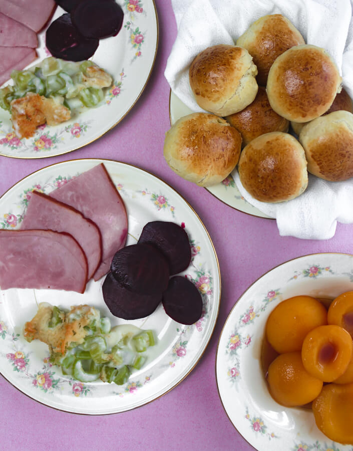 1940s Dinner with Ham, Creamed Celery, Beets, Rolls, and Peaches
