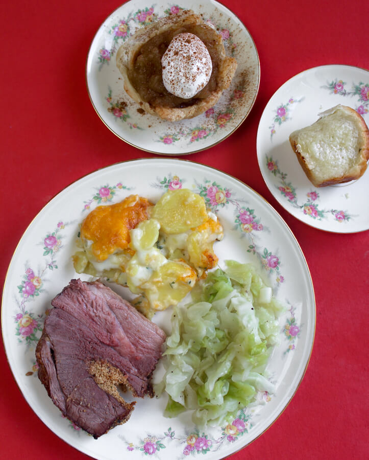 1940s Dinner with Lamb Shoulder, New Potatoes, Cabbage, and Apple Tarts