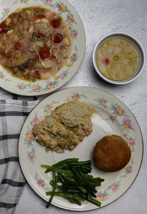 1940s Dinner with vegetable soup, scalloped salmon, green beans, muffins, and fruit geleatin