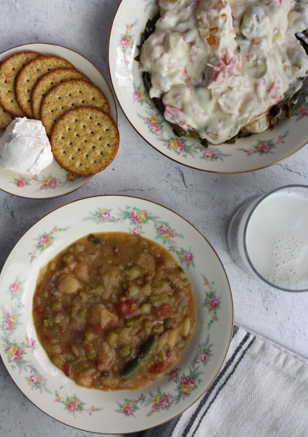 1940s Lunch with leftover vegetable soup, fruit salad, crackers, and milk