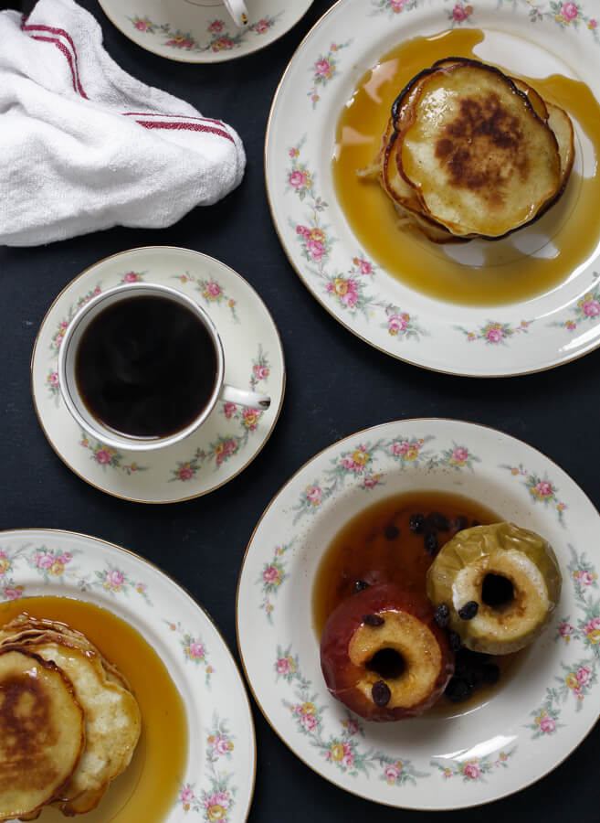 1940s Breakfast with Baked Apples, Griddle Cakes, and Coffee