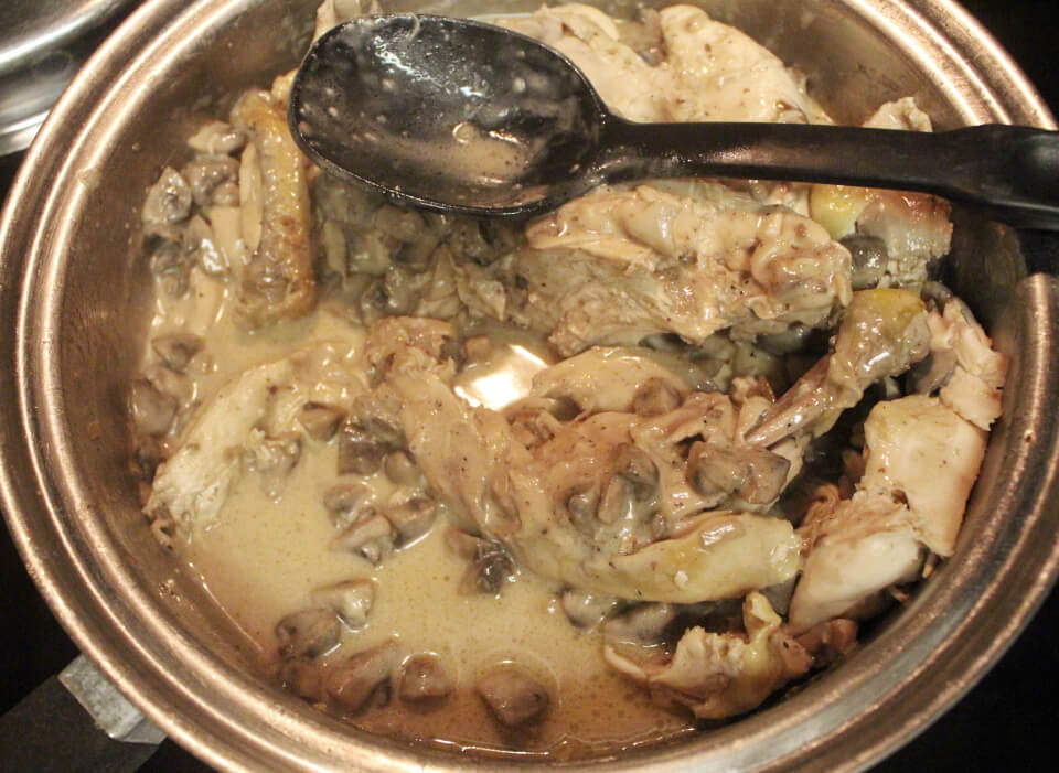 Roast Chicken Steeped with Port Wine, Cream, and Mushrooms