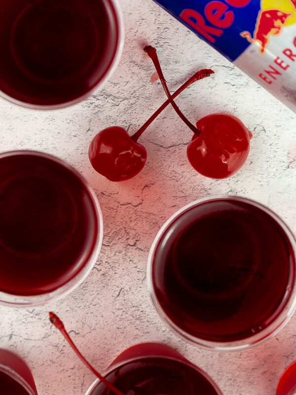 Cherry Bomb Jello Shots Recipe with Cherry Vodka and Red Bull
