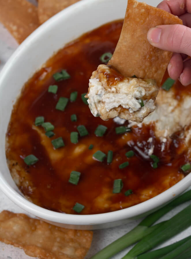 Crab Rangoon Dip Recipe with Homemade Sweet and Sour Sauce and Wonton Chips