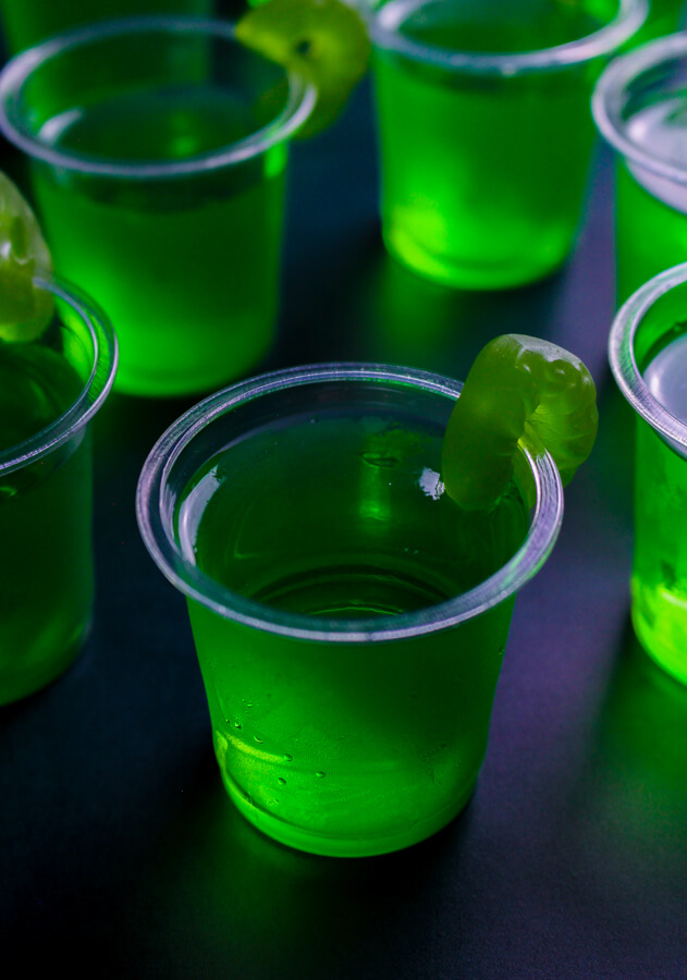 Green gelatin shots for Halloween and St. Patrick's Day