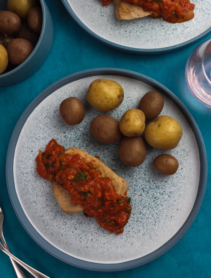 Julia Child Tuna Steaks with Wine, Tomatoes, and Herbs