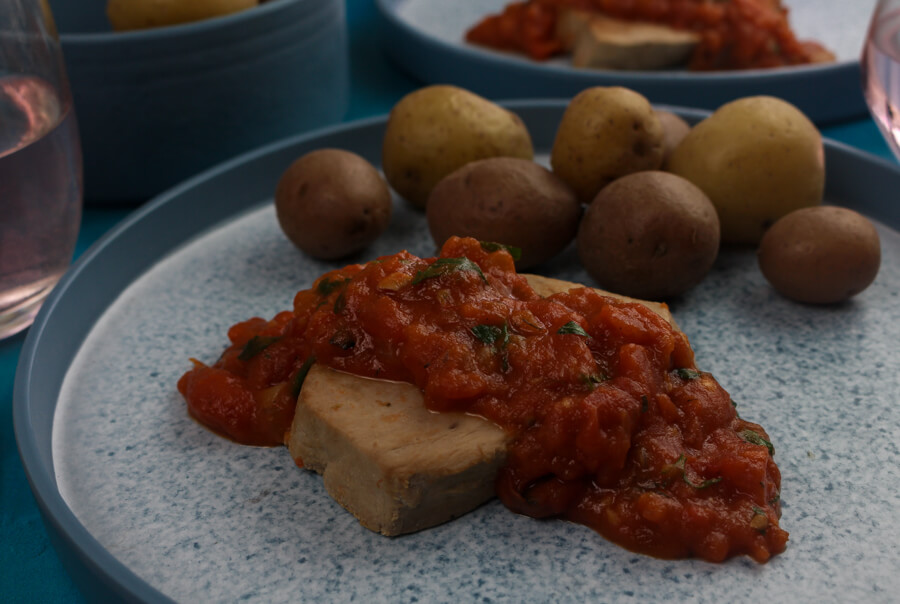 Tuna or Swordfish Steaks with Wine, Tomatoes, and Herbs Julia Child