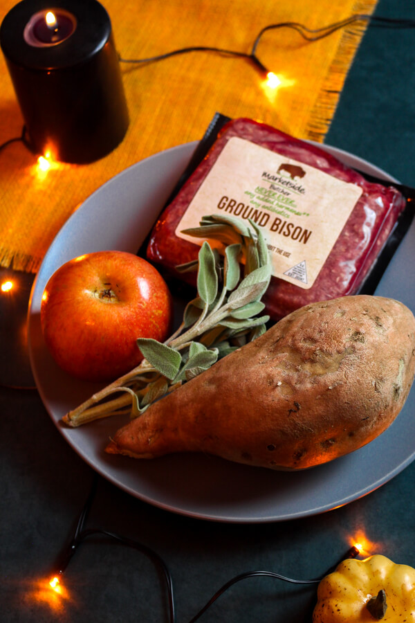 Halloween Cooking Challenge with apples, sweet potatoes, ground bison, and sage